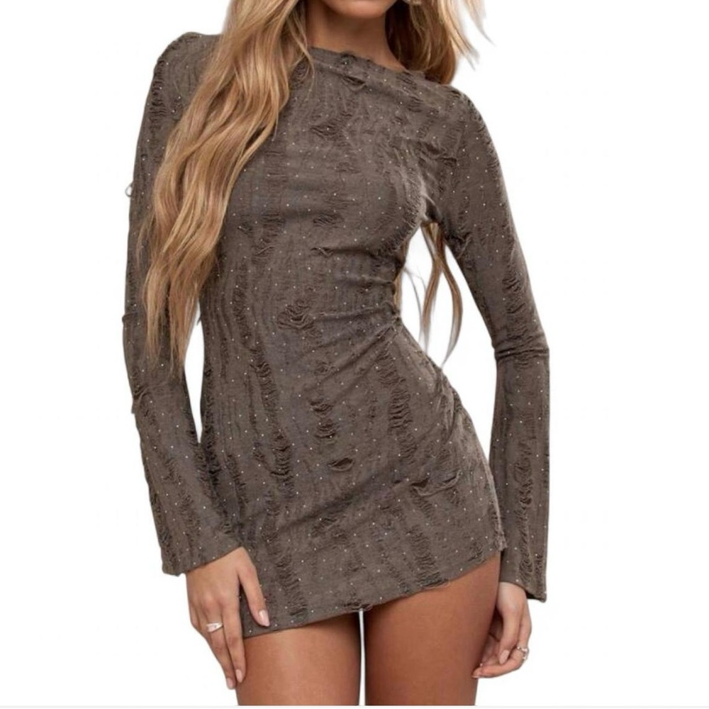 Textured Distressed Sparkly Long Sleeve Dress